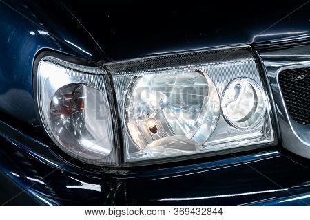 Novosibirsk/ Russia - March 31, 2020: Nissan Terrano, Glowing Headlight Of A Modern Car Close-up