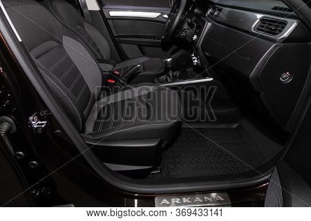 Novosibirsk/ Russia - May 25, 2020: Renault Arkana, Dark Car Interior - Steering Wheel, Shift Lever 