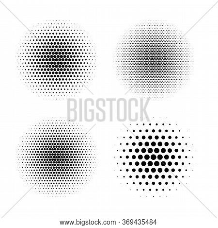 Four Halftone Radial Gradient In Circle Shape Polygonal Form Abstract Design Element Set Isolated On
