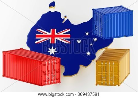 3d Map Of Australia. Freight Shipping In Containers. Export From The Country In Containers. 3d Rende