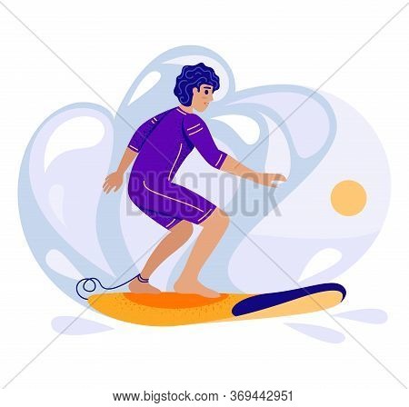 Young Man Learning To Stand On A Surfboard. Surf Training Concept, Vector Stock Illustration In Flat