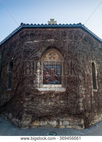 Belgrade / Serbia - February 6, 2020: Icon Of The Holy Mother Of God  In Wall Of Church  Of Holy Mot