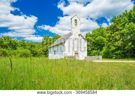 Croatia, Region Of Lika, Beautiful Countryside Landscape In Otocac With Small St Francis Church