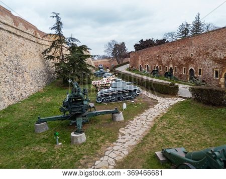 Belgrade / Serbia - February 7, 2020: View Of Tanks And Cannons At The Outdoor Military Museum Insid