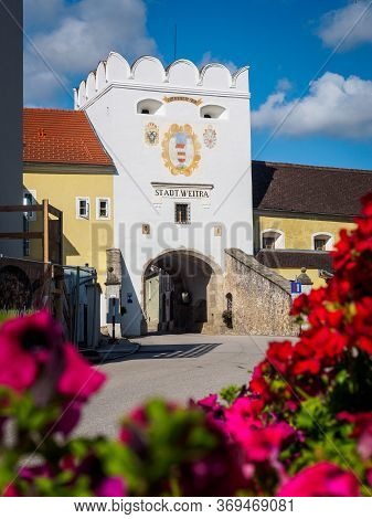 Weitra/lower Austria - August 2019: City Gate Of The Historic Town Weitra In The Waldviertel Region 