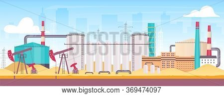 Oil Rig Near City Flat Color Vector Illustration. Industrial Refinery Plant 2d Cartoon Landscape Wit