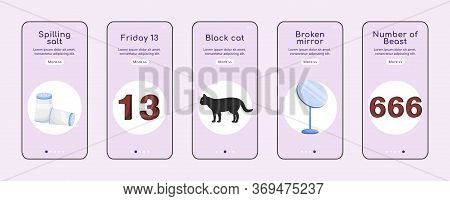 Bad Luck Signs Onboarding Mobile App Screen Flat Vector Template. Common Superstitions Walkthrough W