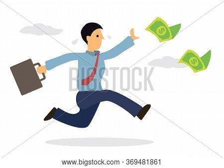 Businessman Chasing Money Flying In The Air. Cartoon Character Isolated On White Background. Vector 