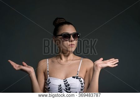 Portrait Of A Young Beautiful Brunette Girl, Spreads Her Arms To The Side. A Girl Of Twenty-seven, I