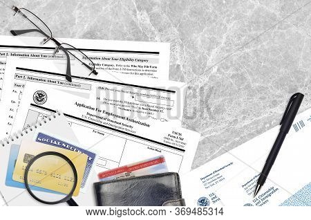Uscis Form I-765 Application For Employment Authorization Lies On Flat Lay Office Table And Ready To