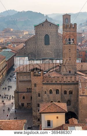 Cityscape Of Bologna Downtown With The Basilica Of San Petronio In Gothic Style, Piazza Maggiore And