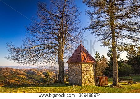 Landscape With Chapel Above The Dlhe Pole Village At Kysuce Region In The North Of Slovakia, Europe.