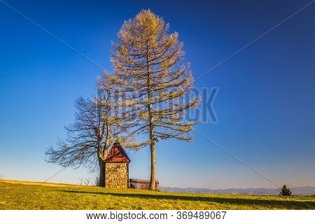 Landscape With Chapel Above The Dlhe Pole Village At Kysuce Region In The North Of Slovakia, Europe.