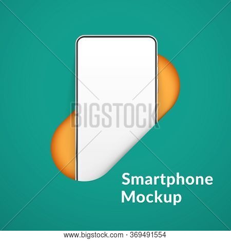 White Realistic Smartphone Mockup In The Hole. 3d Mobile Phone With Blank White Screen. Modern Cell 