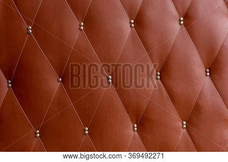 Soviet Soft Brown Dermantine Front Door With A Banner Of Fishing Line And Nails - Full Frame Backgro