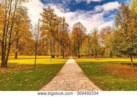 Trees In An Autumn Park During A Sunny Day.
Castle Park Budatin In Zilina, Slovakia, Europe.