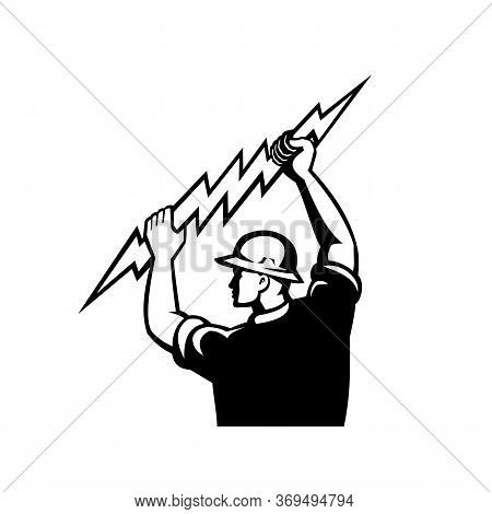 Black And White Illustration Of An Electrician, Power Lineman Or Construction Worker Holding Wieldin
