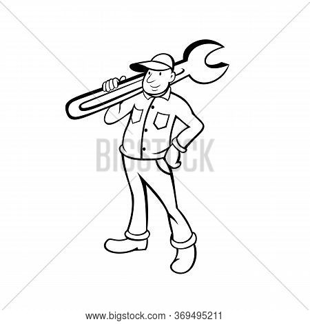Cartoon Style Illustration Of A Plumber Or Handyman Holding Carrying A Pipe Wrench On Isolated White