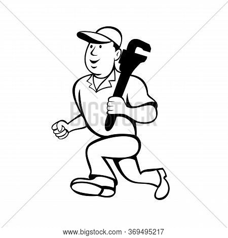 Cartoon Style Illustration Of A Plumber Or Handyman Holding Carrying A Monkey Wrench And Running On 
