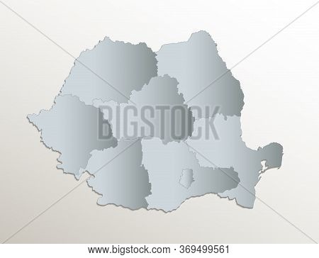 Romania Map, Administrative Division With Names, White Blue Card Paper 3d Blank