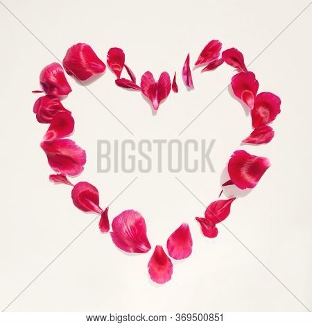 Petals Of Dark Red Peony In Shape Of Heart On White Background. Blank Card For Invitation, Congratul