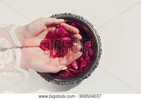 Dark Pink Peony Petals In Female Hands And In Bowl With Clear Water On White Background. Organic Cos