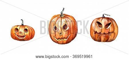 Hand-drawn Watercolor Illustration. Halloween, A Set Of Yellow Pumpkins To Celebrate All Saints  Day