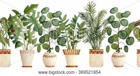 Watercolor Hand Drawn Seamless Horizontal Border With Houseplants In Brown Clay Terra Cotta Pots. Po