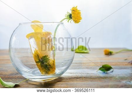 Spring Ice Cream With Dandelions Flowers, Wooden Background