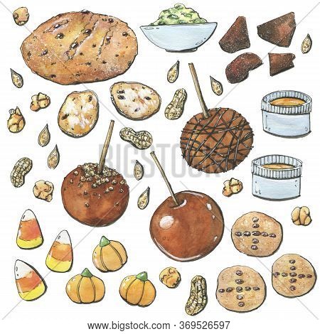 Hand Drawn Set Of Watercolor Halloween Food On White Background