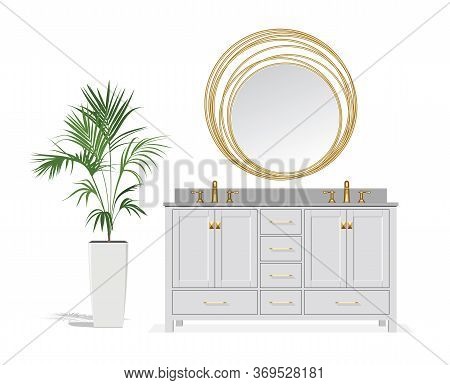 Style Bathroom. Dressing Table, Mirror And Decorative Howea Palm Tree. Vector Illustration.