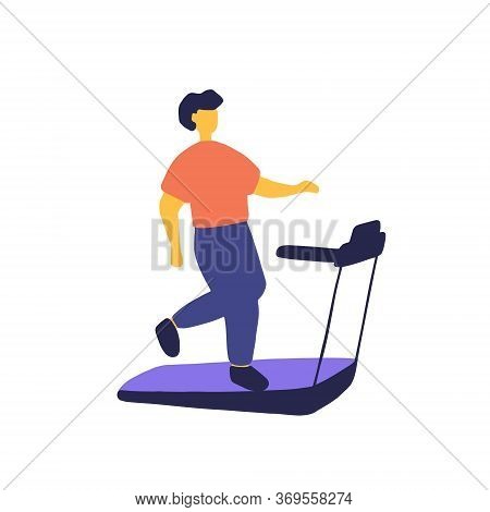 Young Man Running On Treadmill. Sport Training, Exercise, Workout Concept. Flat Vector Graphic.