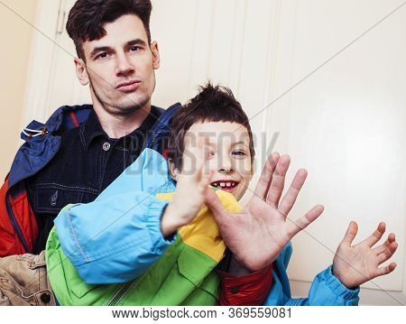 Faher And Son Together Having Fun At Home, Lifestyle Happy Family, People At Home