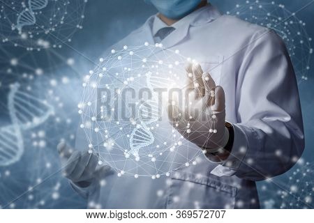 The Concept Of Studying A Dna Molecule.the Doctor Clicks On The Dna Molecule.