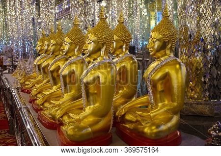 Uthai Thani Province, Thailand - August, 2016: Golden Buddha Statue At Cathedral Glass, Wat Tha Sung
