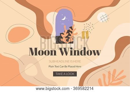Moon Window Banner Template With Window, Crescent Moon, Staircase And Abstract Shapes. Modern Design