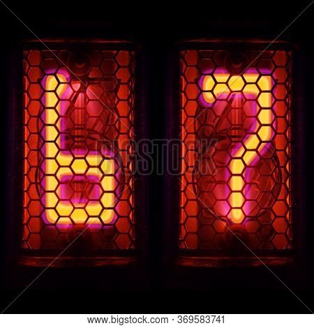 The Nixie Tube Indicator Of The Numbers Of Retro Style. Indicator Glow With A Magical Purple Fringin