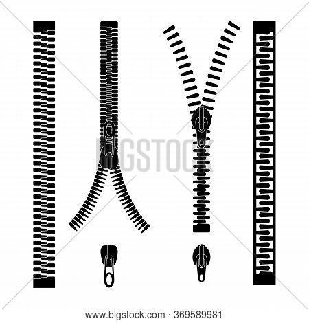 Zip Pulls Or Zipper Pullers, Black Zip Lock Stock Collection Isolated On White Background. Closed An