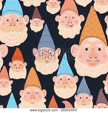 Vector Modern Seamless Pattern With Colorful Illustrations Of Garden Gnome. Use It For Wallpaper, Te