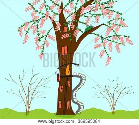 A Blossoming Tree-house For Beetles With Orange Windows, Two Stairs And An Unusual Yellow Entrance D