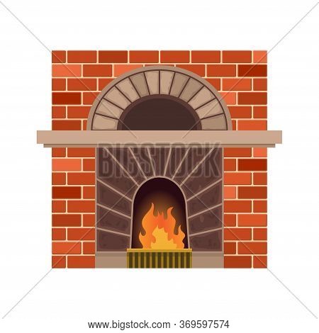Vector Home Fireplace With Fire. Vintage Design Of Stone Oven With Fireside. Flat Icon Design. Illus
