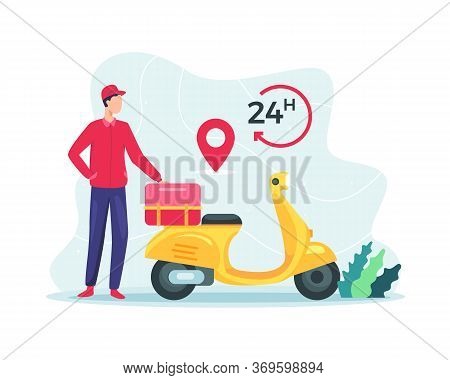Vector Illustration Fast Delivery Package By Scooter. 24 Hours Delivery Service, Online Delivery Ser