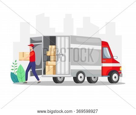 Courier Delivering A Package With Truck. Delivery Courier Man Holding Package With Delivery Truck. C