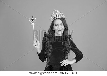 Magic Stick Concept. Cute Kid Doing Magic. Amazing Miracles. Little Child Long Hair. Happy Childhood