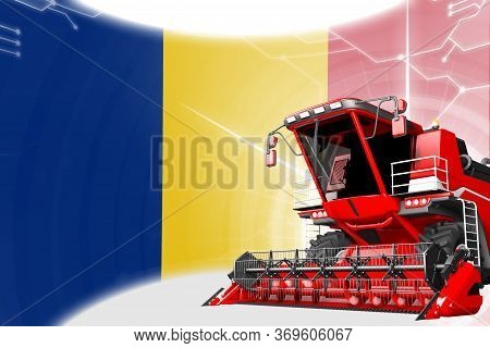 Digital Industrial 3d Illustration Of Red Advanced Rural Combine Harvester On Romania Flag - Agricul