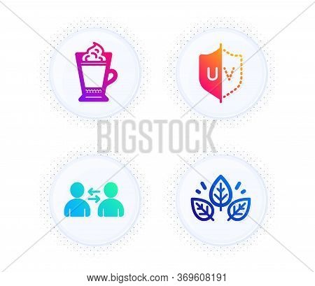 Uv Protection, Communication And Latte Coffee Icons Simple Set. Button With Halftone Dots. Organic T