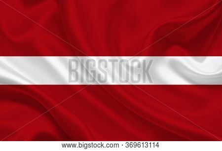 Flag Of Latvia Country On Wavy Silk Fabric Background Panorama