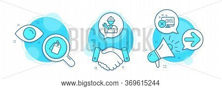 Next, Repairman And Sale Tags Line Icons Set. Handshake Deal, Research And Promotion Complex Icons. 