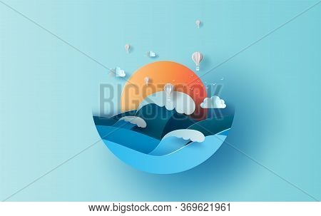 Balloon White Hot Air Of Sea Wave View Landscape Sunlight. Travel In Holiday Summer Season Circle Co