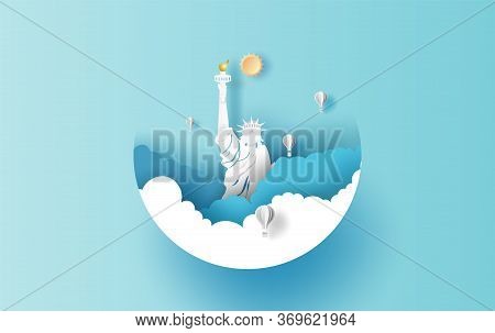 Liberty Statue Balloons Scene Over Cloud Concept On Blue Sky Background. Holiday Festival Day With U